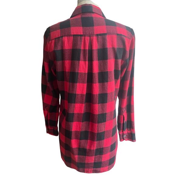 Maje Buffalo Plaid Red Black Shirt with Leather Trim Size 1/ Small - Picture 3 of 6